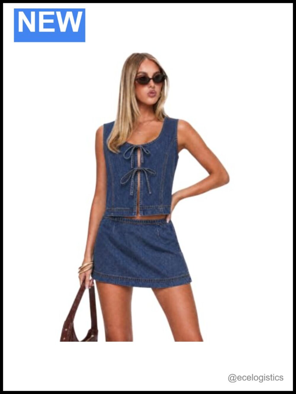 Women's Denim Two-Piece Skirt Set Tie Front Square Neck Tank Mini Skirt Going